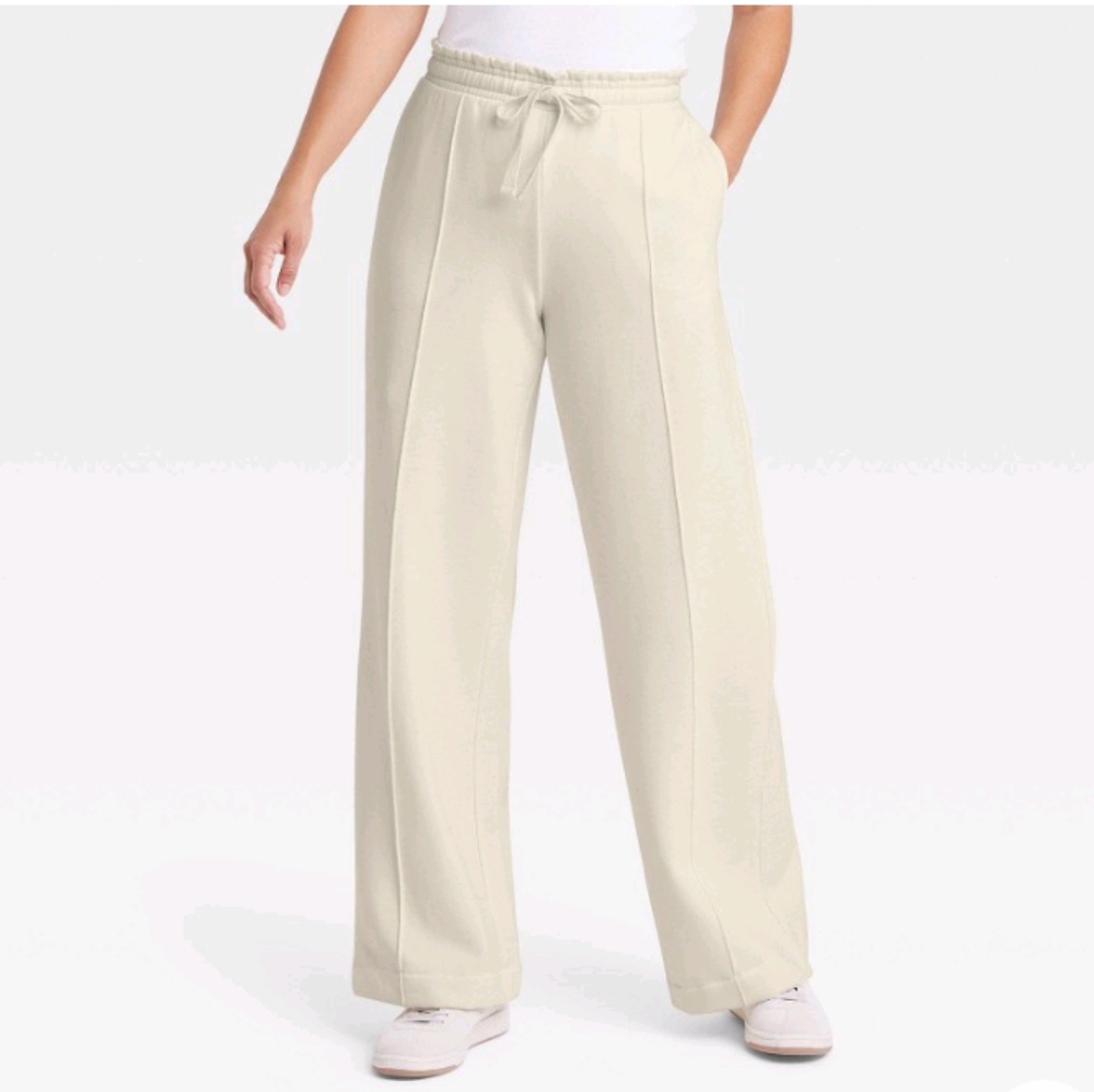 Women's High-Rise Wide Leg Fleece Pants - A New Day™ Cream XXL